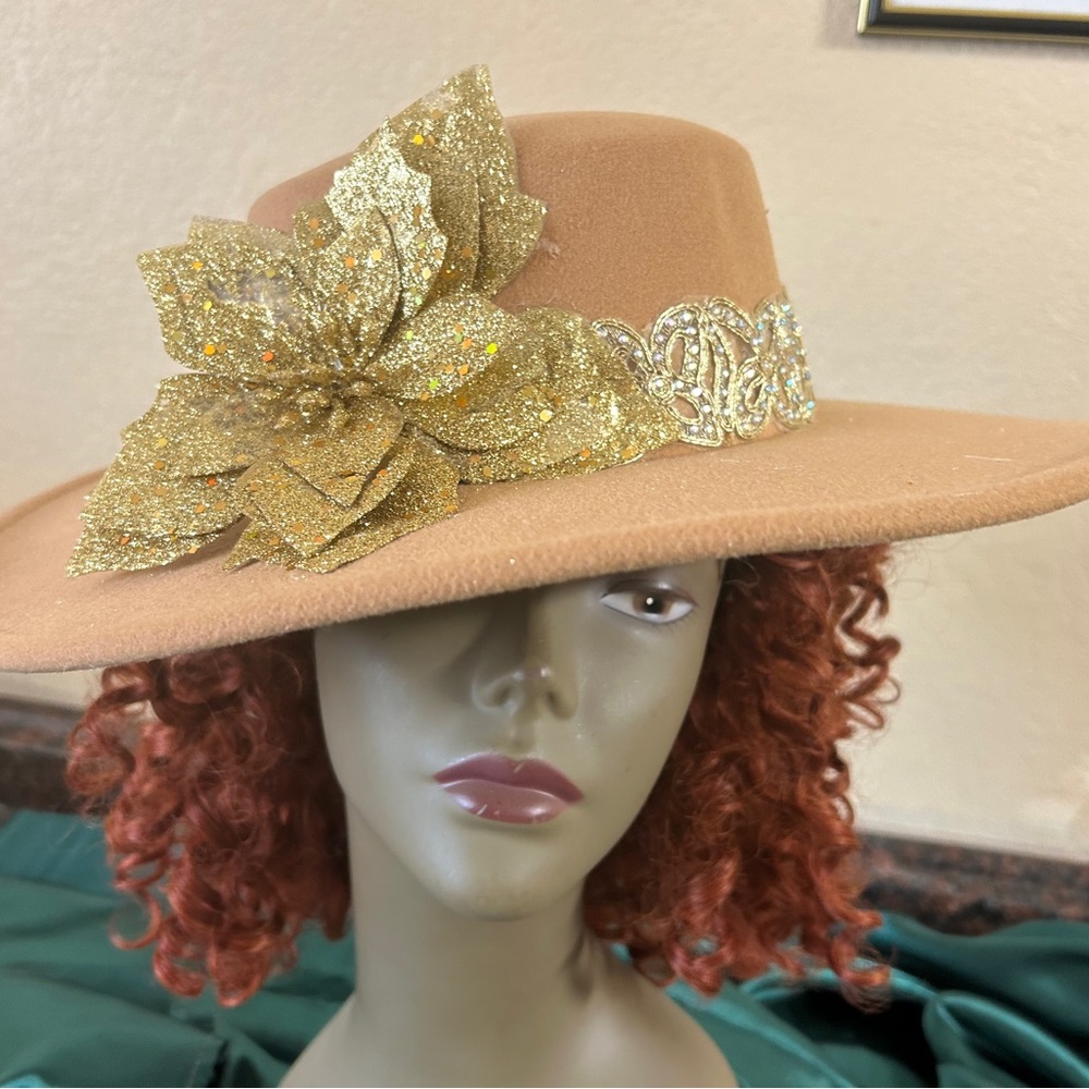 Ruby Rox Tan Hat with Glittering Gold Floral Design
